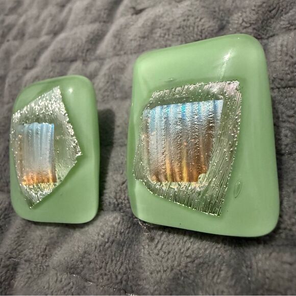 Mint Green Fused Glass Earrings – Handmade Iridescent Post-Back Jewelry - Picture 12 of 17